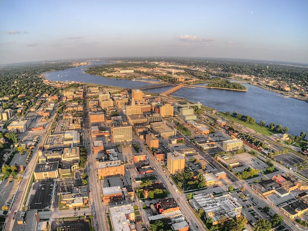 Downtown Davenport and the Mississippi River from above